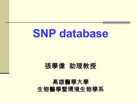 SNP database 張學偉 助理教授 高雄醫學大學 生物醫學暨環境生物學系. SNP = Single Nucleotide Polymorphism (read in SNiP)