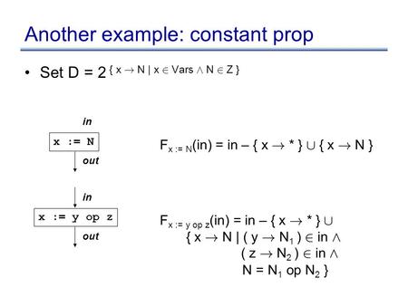 Another example: constant prop Set D = 2 { x ! N | x 2 Vars Æ N 2 Z } x := N in out F x := N (in) = in – { x ! * } [ { x ! N } x := y op z in out F x :=