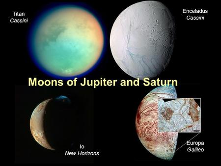 PTYS/ASTR 206Moons of Jupiter and Saturn 4/12/07 Moons of Jupiter and Saturn Enceladus Cassini Titan Cassini Io New Horizons Europa Galileo.