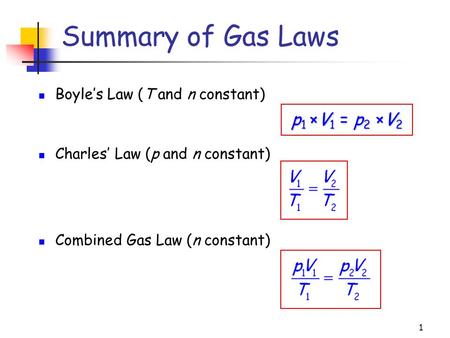 1 Boyle’s Law (T and n constant) Charles’ Law (p and n constant) Combined Gas Law (n constant) Summary of Gas Laws p 1 ×V 1 = p 2 ×V 2.