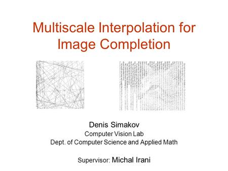 Multiscale Interpolation for Image Completion Denis Simakov Computer Vision Lab Dept. of Computer Science and Applied Math Supervisor: Michal Irani.