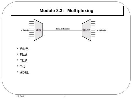 1 K. Salah Module 3.3: Multiplexing WDM FDM TDM T-1 ADSL.
