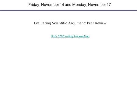 Friday, November 14 and Monday, November 17 Evaluating Scientific Argument: Peer Review IPHY 3700 Writing Process Map.
