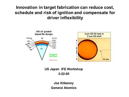 Innovation in target fabrication can reduce cost, schedule and risk of ignition and compensate for driver inflexibility US Japan IFE Workshop 3-22-05 Joe.