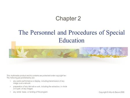 The Personnel and Procedures of Special Education Chapter 2 Copyright © Allyn & Bacon 2006 This multimedia product and its contents are protected under.