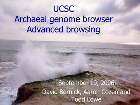 UCSC Archaeal genome browser Advanced browsing September 19, 2006 David Bernick, Aaron Cozen and Todd Lowe September 19, 2006 David Bernick, Aaron Cozen.