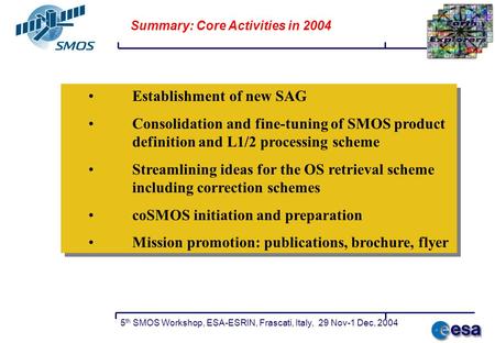 5 th SMOS Workshop, ESA-ESRIN, Frascati, Italy, 29 Nov-1 Dec, 2004 Summary: Core Activities in 2004 Establishment of new SAG Consolidation and fine-tuning.