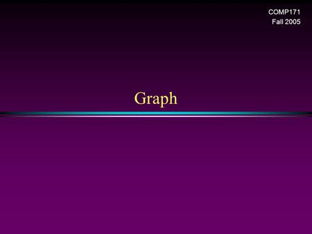 Graph COMP171 Fall 2005. Graph / Slide 2 Graphs * Extremely useful tool in modeling problems * Consist of: n Vertices n Edges D E A C F B Vertex Edge.