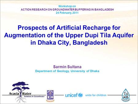 Workshop on ACTION RESEARCH ON GROUNDWATER BUFFERING IN BANGLADESH