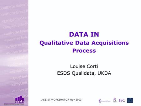 DATA IN Qualitative Data Acquisitions Process Louise Corti ESDS Qualidata, UKDA IASSIST WORKSHOP 27 May 2003.