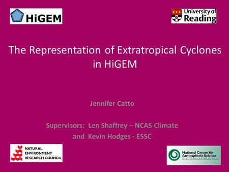 Jennifer Catto Supervisors: Len Shaffrey – NCAS Climate and Kevin Hodges - ESSC The Representation of Extratropical Cyclones in HiGEM.