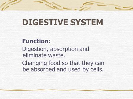 DIGESTIVE SYSTEM Function: Digestion, absorption and eliminate waste. Changing food so that they can be absorbed and used by cells.