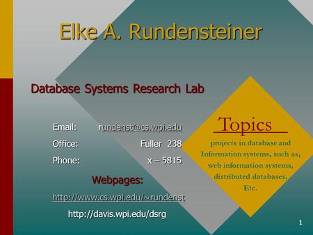 1 Elke A. Rundensteiner Topics projects in database and Information systems, such as, web information systems, distributed databases, Etc. Database Systems.