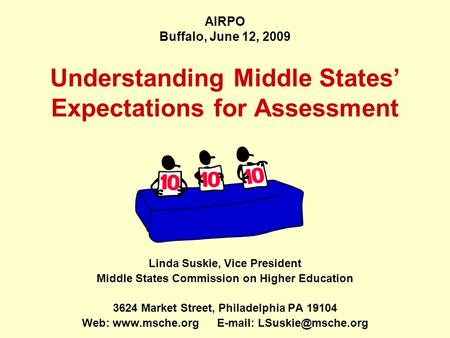 Understanding Middle States’ Expectations for Assessment Linda Suskie, Vice President Middle States Commission on Higher Education 3624 Market Street,