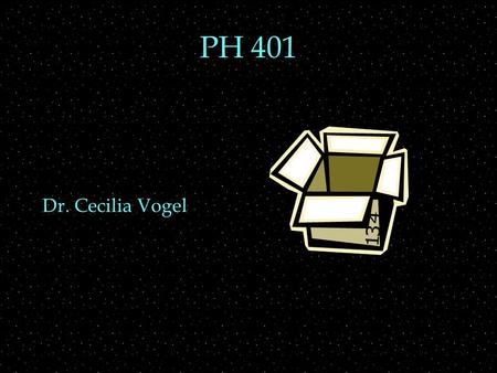 PH 401 Dr. Cecilia Vogel. Review Outline  Particle in a box  expectation values  uncertainties  Bound and unbound states  Particle in a box  solve.