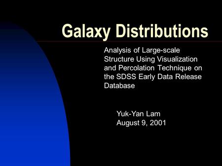 Galaxy Distributions Analysis of Large-scale Structure Using Visualization and Percolation Technique on the SDSS Early Data Release Database Yuk-Yan Lam.
