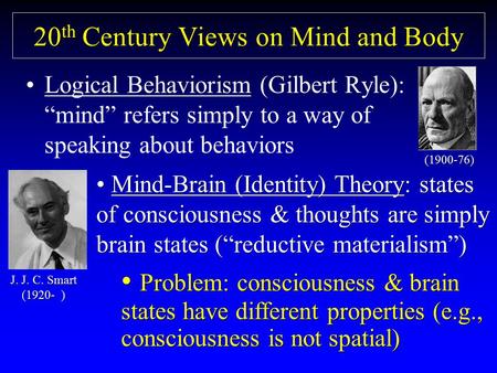 20 th Century Views on Mind and Body Logical Behaviorism (Gilbert Ryle): “mind” refers simply to a way of speaking about behaviors (1900-76) Mind-Brain.