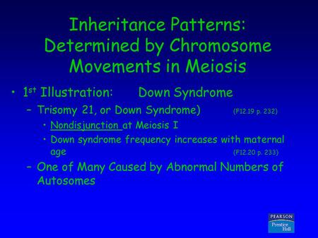 Copyright © 2005 Pearson Prentice Hall, Inc. Inheritance Patterns: Determined by Chromosome Movements in Meiosis 1 st Illustration:Down Syndrome –Trisomy.