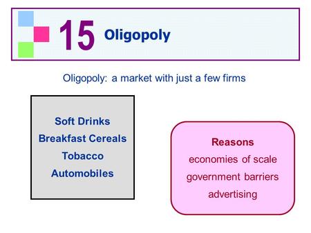 Soft Drinks Breakfast Cereals Tobacco Automobiles Reasons economies of scale government barriers advertising Oligopoly: a market with just a few firms.