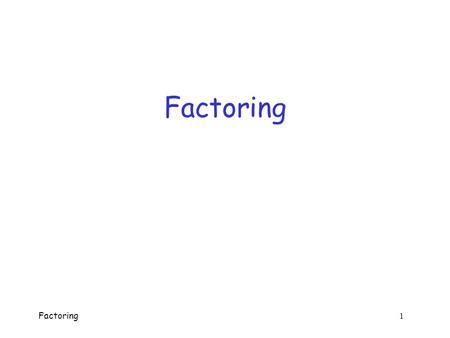 Factoring 1 Factoring Factoring 2 Factoring  Security of RSA algorithm depends on (presumed) difficulty of factoring o Given N = pq, find p or q and.