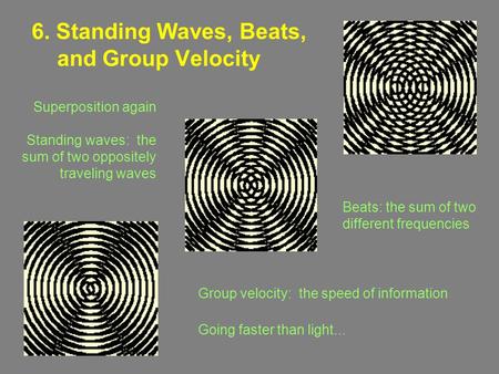 6. Standing Waves, Beats, and Group Velocity Group velocity: the speed of information Going faster than light... Superposition again Standing waves: the.