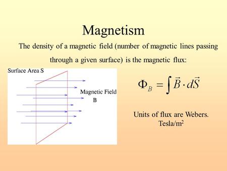 Magnetism The density of a magnetic field (number of magnetic lines passing through a given surface) is the magnetic flux: Units of flux are Webers. Tesla/m.