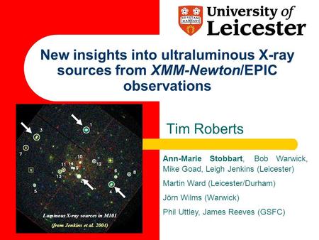 New insights into ultraluminous X-ray sources from XMM-Newton/EPIC observations Tim Roberts Ann-Marie Stobbart, Bob Warwick, Mike Goad, Leigh Jenkins (Leicester)