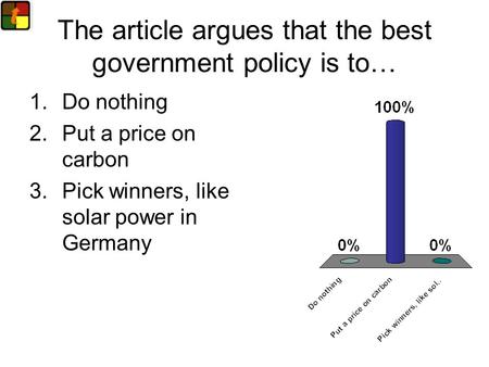 The article argues that the best government policy is to… 1.Do nothing 2.Put a price on carbon 3.Pick winners, like solar power in Germany.