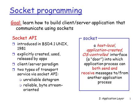 2: Application Layer1 Socket programming Socket API r introduced in BSD4.1 UNIX, 1981 r explicitly created, used, released by apps r client/server paradigm.