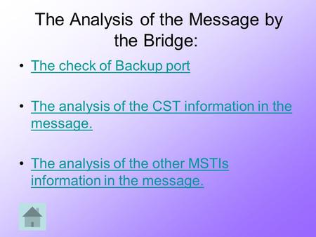 The Analysis of the Message by the Bridge: The check of Backup port The analysis of the CST information in the message.The analysis of the CST information.