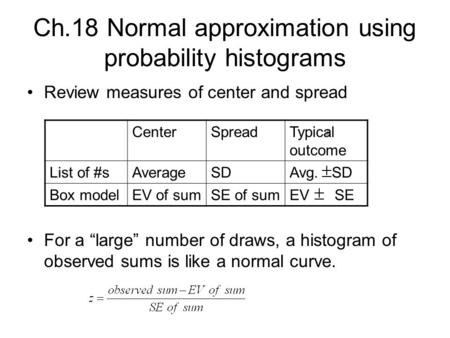 Ch.18 Normal approximation using probability histograms Review measures of center and spread For a “large” number of draws, a histogram of observed sums.