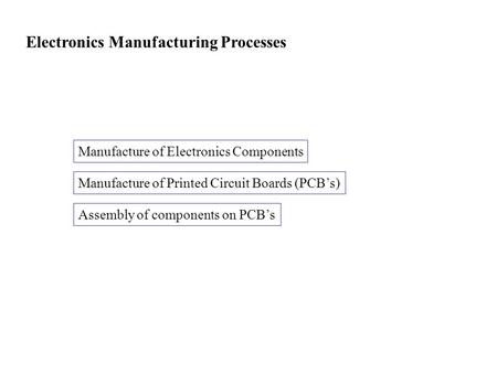 Electronics Manufacturing Processes Manufacture of Electronics Components Manufacture of Printed Circuit Boards (PCB’s) Assembly of components on PCB’s.
