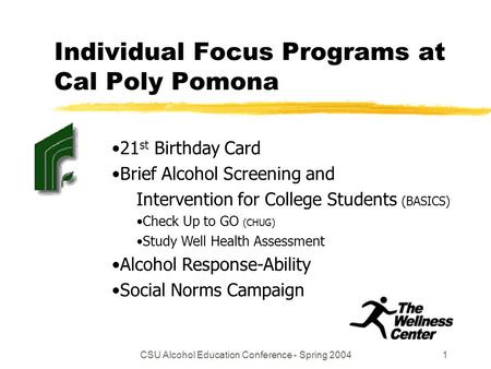 CSU Alcohol Education Conference - Spring 20041 Individual Focus Programs at Cal Poly Pomona 21 st Birthday Card Brief Alcohol Screening and Intervention.