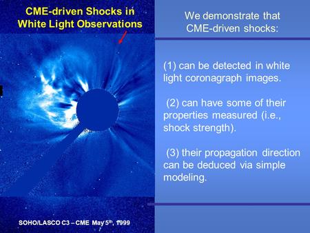 CME-driven Shocks in White Light Observations SOHO/LASCO C3 – CME May 5 th, 1999 CME-driven Shock We demonstrate that CME-driven shocks: (1) can be detected.