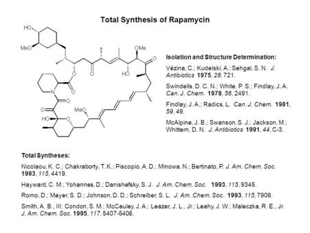 Total Synthesis of Rapamycin Isolation and Structure Determination: Vézina, C.; Kudelski, A.; Sehgal, S. N. J. Antibiotics 1975, 28, 721. Swindells, D.