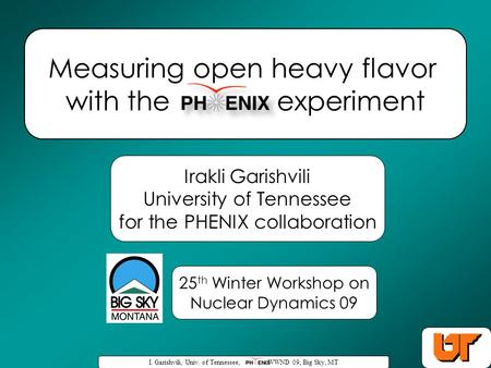 I. Garishvili, Univ. of Tennessee, - WWND 09, Big Sky, MT 1 Measuring open heavy flavor with the experiment Irakli Garishvili University of Tennessee for.