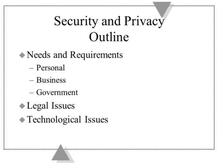 Security and Privacy Outline u Needs and Requirements –Personal –Business –Government u Legal Issues u Technological Issues.