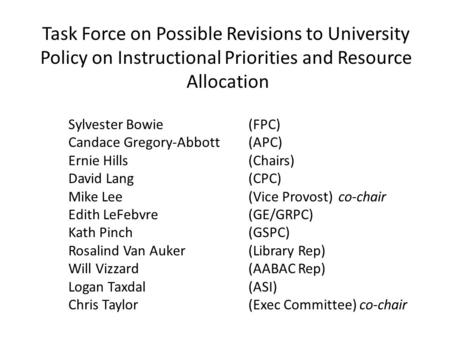 Task Force on Possible Revisions to University Policy on Instructional Priorities and Resource Allocation Sylvester Bowie (FPC) Candace Gregory-Abbott.