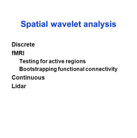 Spatial wavelet analysis Discrete fMRI Testing for active regions Bootstrapping functional connectivity Continuous Lidar.