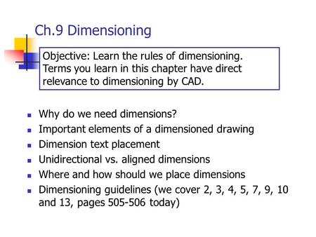 Ch.9 Dimensioning Why do we need dimensions? Important elements of a dimensioned drawing Dimension text placement Unidirectional vs. aligned dimensions.