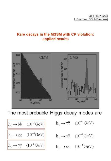 Rare decays in the MSSM with CP violation: applied results QFTHEP’2004 I. Smirnov, SSU (Samara) The most probable Higgs decay modes are.