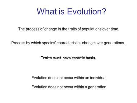 What is Evolution? The process of change in the traits of populations over time. Process by which species' characteristics change over generations. Evolution.