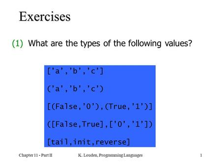 Chapter 11 - Part IIK. Louden, Programming Languages1 Exercises [’a’,’b’,’c’] (’a’,’b’,’c’) [(False,’0’),(True,’1’)] ([False,True],[’0’,’1’]) [tail,init,reverse]