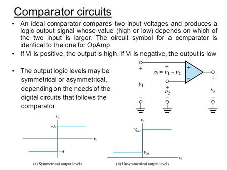 Comparator circuits An ideal comparator compares two input voltages and produces a logic output signal whose value (high or low) depends on which of the.
