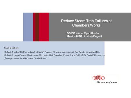 Reduce Steam Trap Failures at Chambers Works GB/BB Name: Cyndi Kouba Mentor/MBB: Andrew Degraff Team Members Michael Crowley(Site Energy Lead), (Charlie)