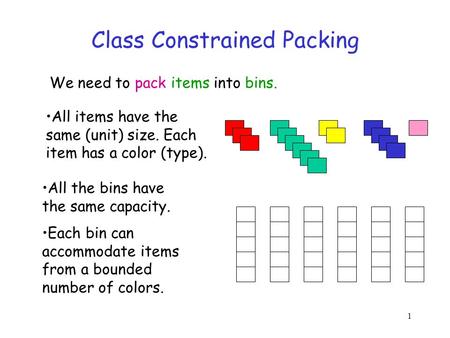 1 Class Constrained Packing We need to pack items into bins. All the bins have the same capacity. Each bin can accommodate items from a bounded number.