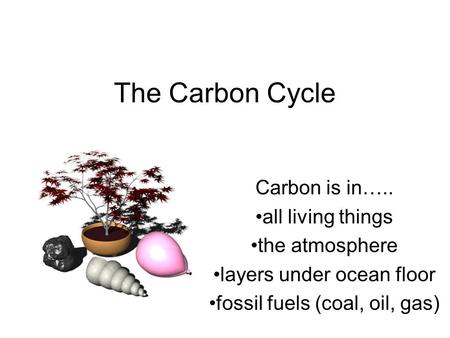 The Carbon Cycle Carbon is in….. all living things the atmosphere layers under ocean floor fossil fuels (coal, oil, gas)