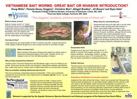 VIETNAMESE BAIT WORMS: GREAT BAIT OR INVASIVE INTRODUCTION? Doug Miller 1, Pamela Davey Huggins 2, Christine Muir 1, Abigail Bradley 1, Jill Brown 1 and.