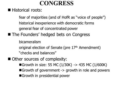 CONGRESS Historical roots: fear of majorities (and of HofR as “voice of people”) historical inexperience with democratic forms general fear of concentrated.