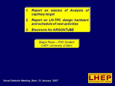 Biagio Rossi – PhD Student LHEP, University of Bern Biagio Rossi – PhD Student LHEP, University of Bern 1. Report on stautus of Analysis of capillary target.